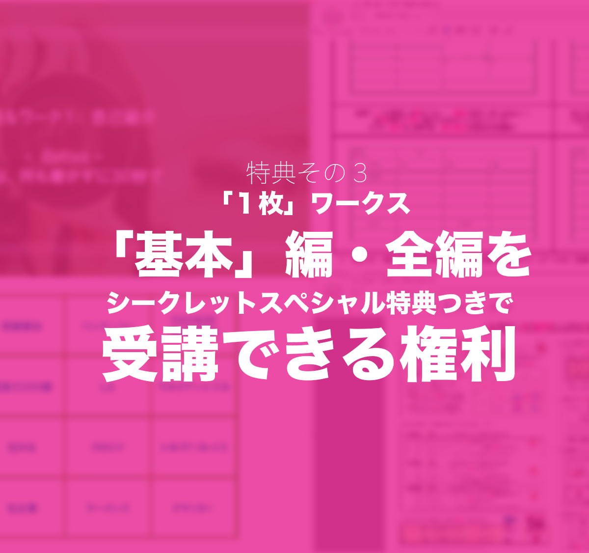 特典その３ 「１枚」ワークス「基本」編・全編をシークレットスペシャル特典つきで受講できる権利